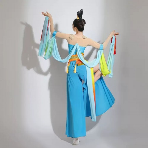  Chinese Fairy classical costumes for women girls Blue color Dunhuang flying dance dresses waterfall sleeves Western classical performance clothes for female